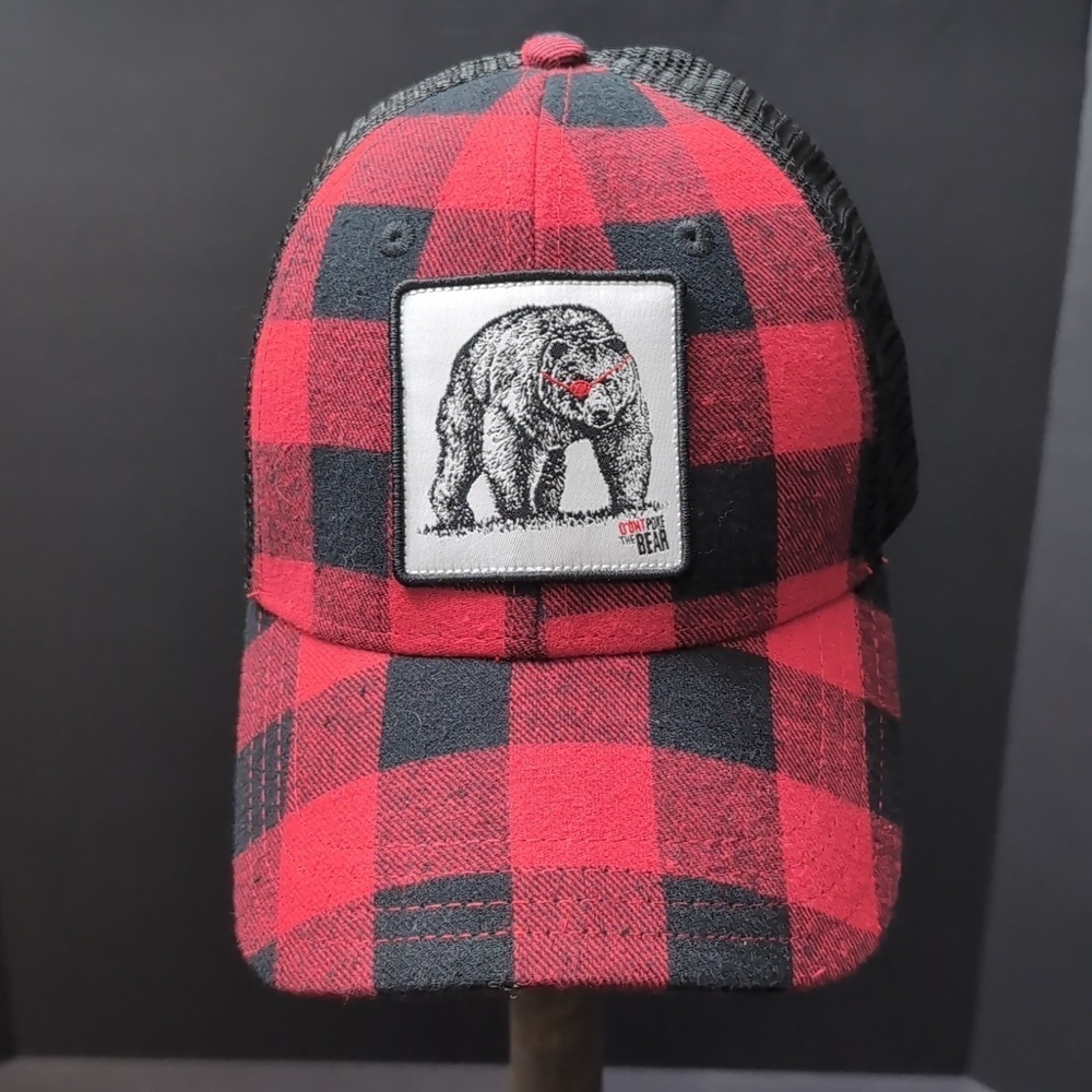 Don't Poke The Bear, Red/Black Plaid Snapback Trucker Hat.